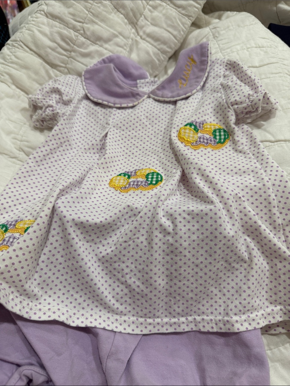 Jelly Beans Lilac Polka Dot Dress with Embroidered Candy Motifs